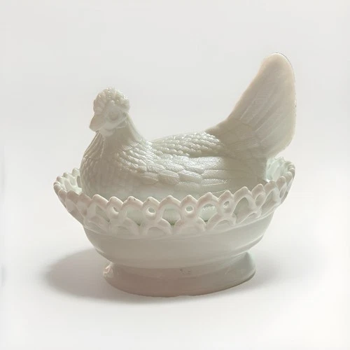 Vintage Atterbury Milk Glass Hen In Basket, Lace Edge, Chips/Breaks On Basket