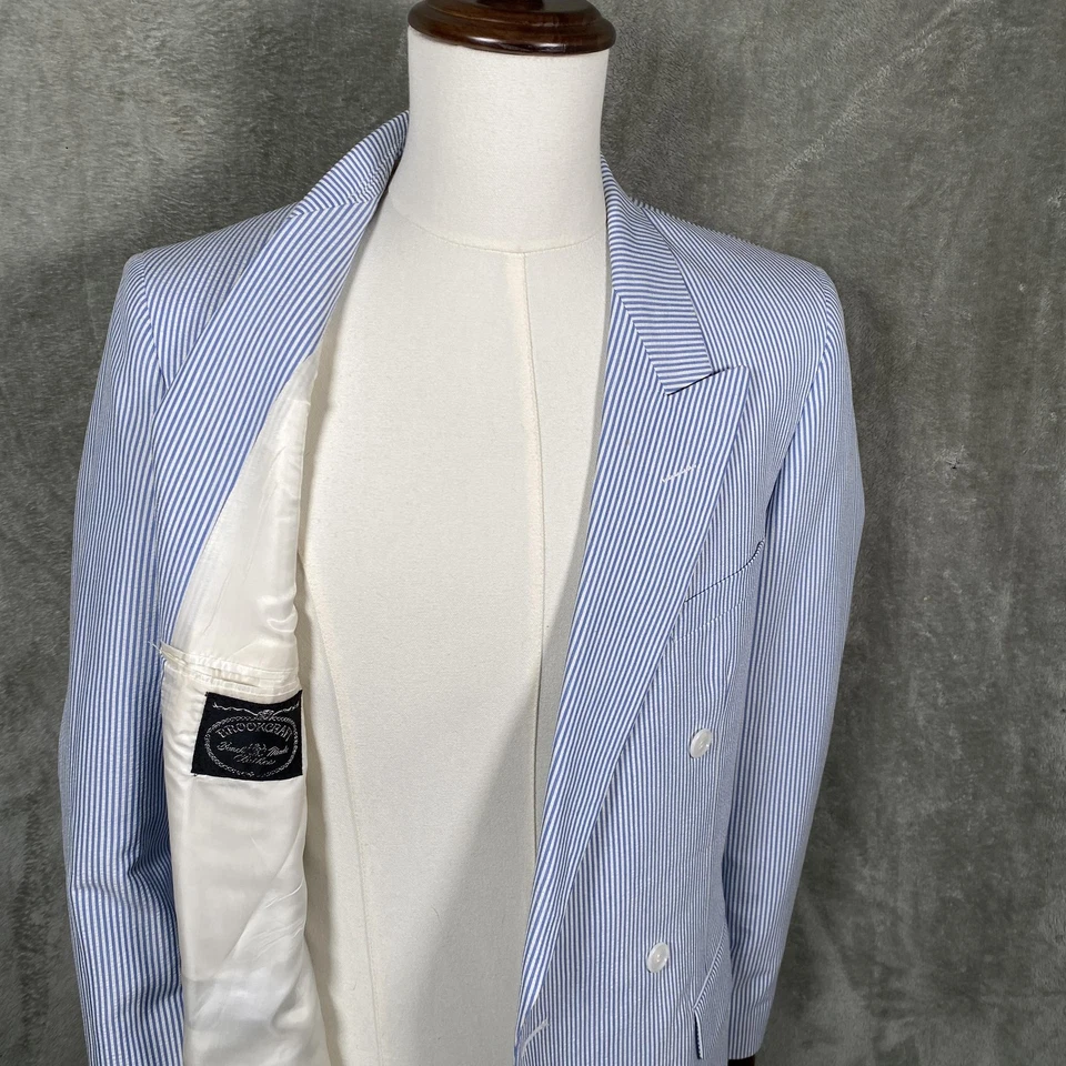 Traje Brookcraft de Colección Para Hombres 39 Largo Azul Blanco Seersucker Doble Pecho Pantalones Foto 4 de 4