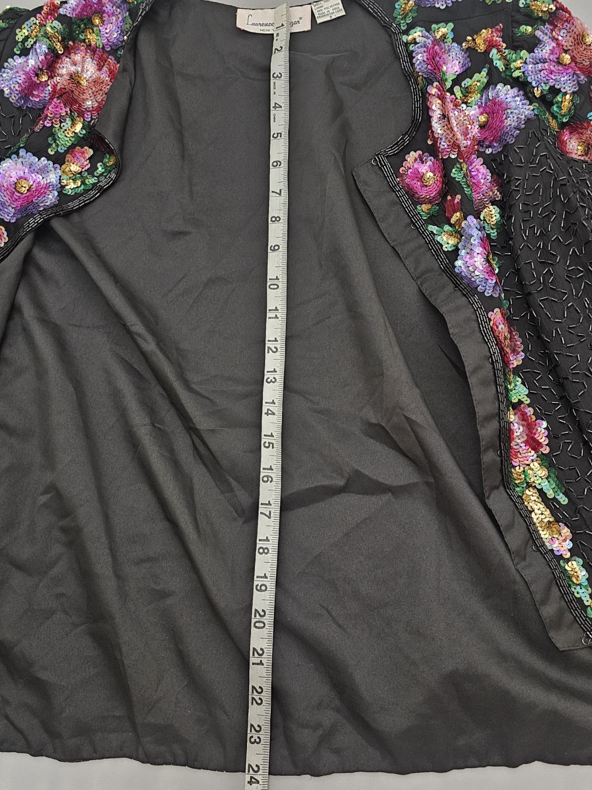 Lawrence Kazar Blac Beaded Sequined Jacket Blouse Small Floral Black Silk