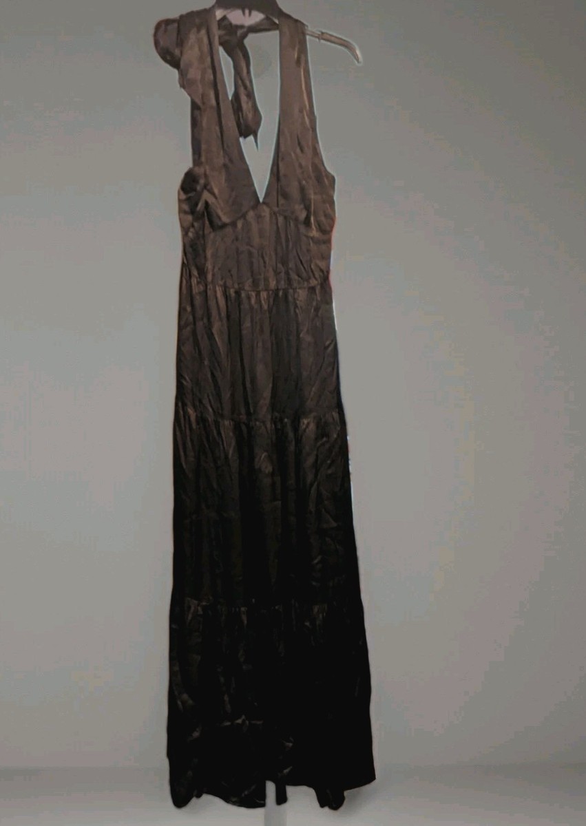 NEW NORDSTROM Black TIERED Satin HALTER Pockets MAXI DRESS Large