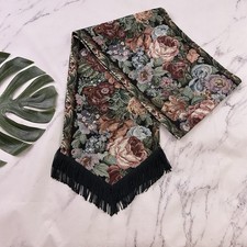 Vintage 90s Floral Tapestry Table Runner Black Pink Roses Fringe Cottagecore