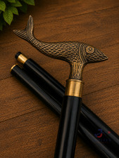 Victorian Antique Vintage Brass Fish Handle Walking Stick wooden Walking Cane