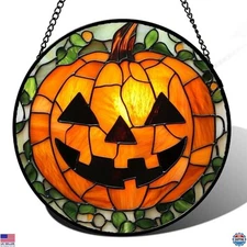 Halloween Stained Glass Window Hanging 7.8" Evil Pumpkin Suncatcher Orange Decor