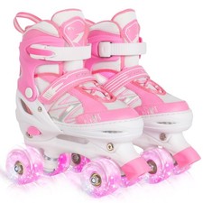 LIRENGUI Girls Adjustable Light-Up Roller Skates for Kids Beginners, US 1-4 Pink