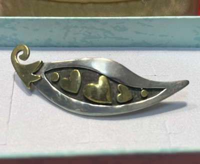 Vtg Far Fetched Sterling Silver 925 Brass Hearts Chile Pepper Brooch 1 5/8''L