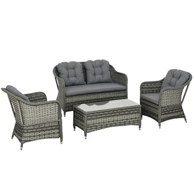 Outsunny 4 Pieces Rattan Sofa Set Outdoor Conservatory Furniture with Cushions - Image 1 of 4