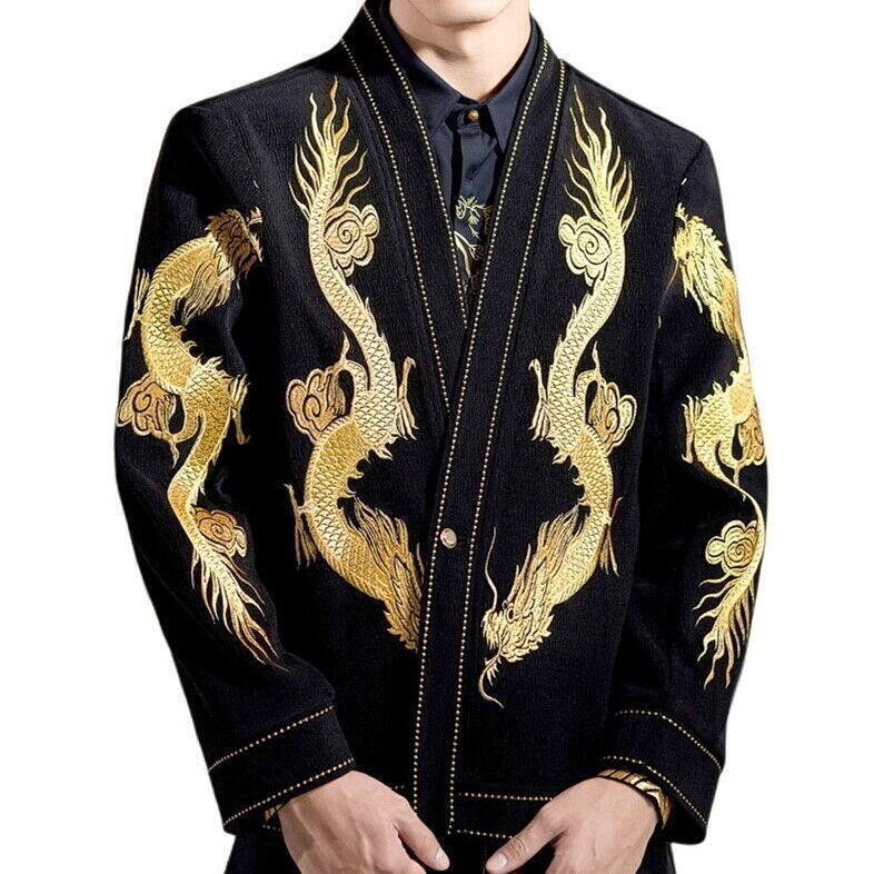 Mens Costume Coat One Button Dinner Jacket Japanese Pattern Embroidery Dragon