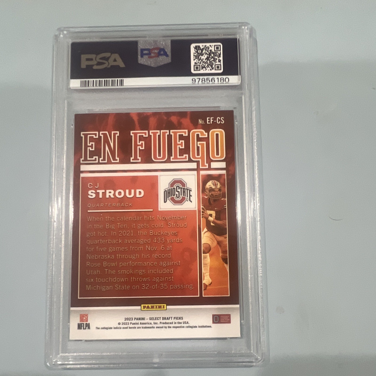 Panini 2023 Select Draft Picks C.J. Stroud RC En Fuego #EF-CS PSA 9 view 2