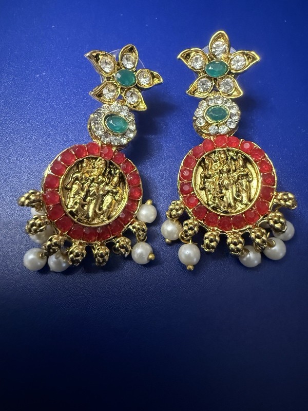 Indian Temple Jewelry Dangle Earrings Gold Tone Radha Krishna Medallion Pearls