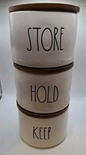 Rae Dunn  HOLD, STORE, KEEP  Storage Jars With Wooden Lids Very Good Condition