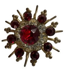 Starburst Pin Brooch Vintage Red And Clear Rhinestone Like Gold Tone 1 Inch