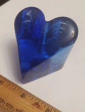 Fire and Light Recycled Art Glass Heart Signed Dated Cobalt Blue Paperweight 