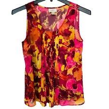Loft Womens Top Blouse S Sheer Sleeveless Floral  Accordion Pleat Scoop Neck