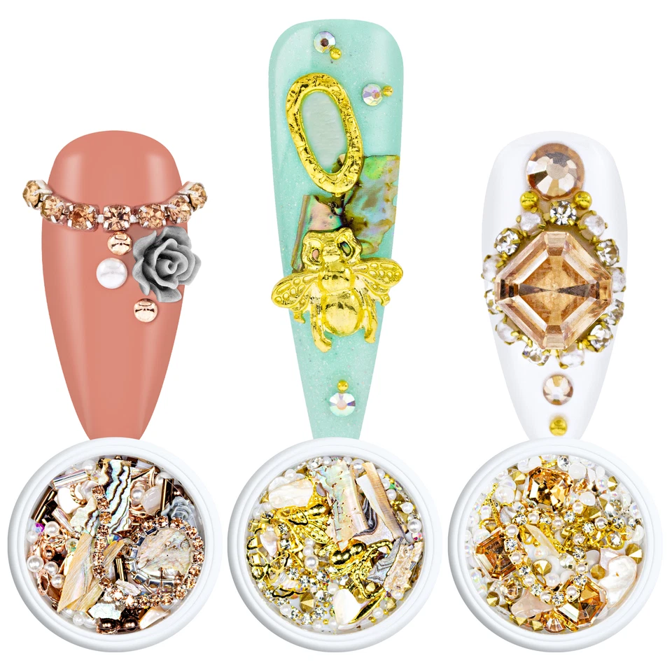 Set Nail Art Bling Bling Glamour UV LED Gel Strass Diamante Perle Fiori - Immagine 3 di 4