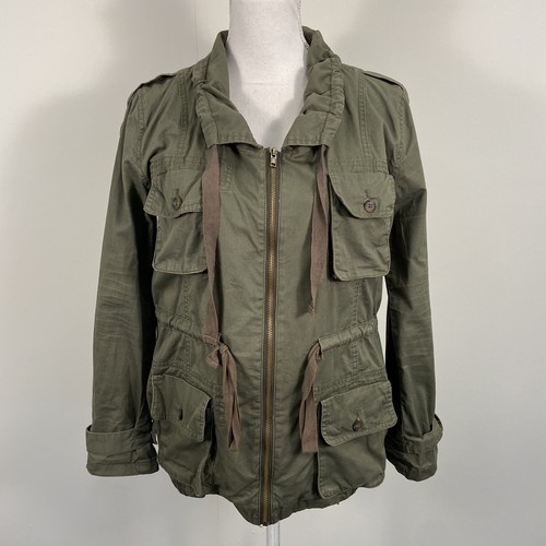 Bar III Womens Small Olive Green Utility Jacket Zip Roll Tab Sleeves C77