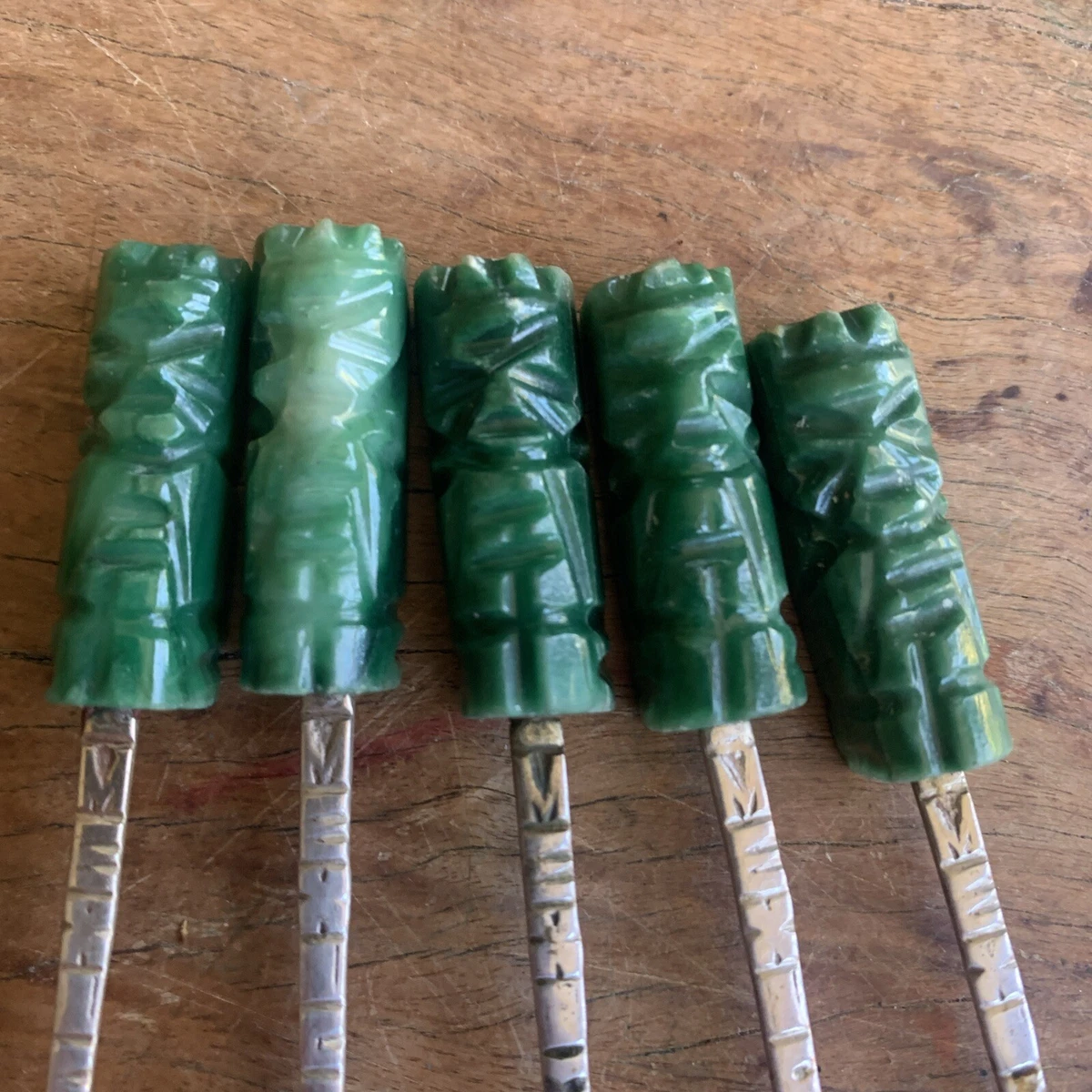 Vintage Silver Mexican 5pc Spoon Set w Hand Carved Green Stone Kon-Tiki Handles