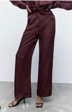 ZARA Pantalone Intero Effetto Raso Grande L Pantalone Viola Prugna
