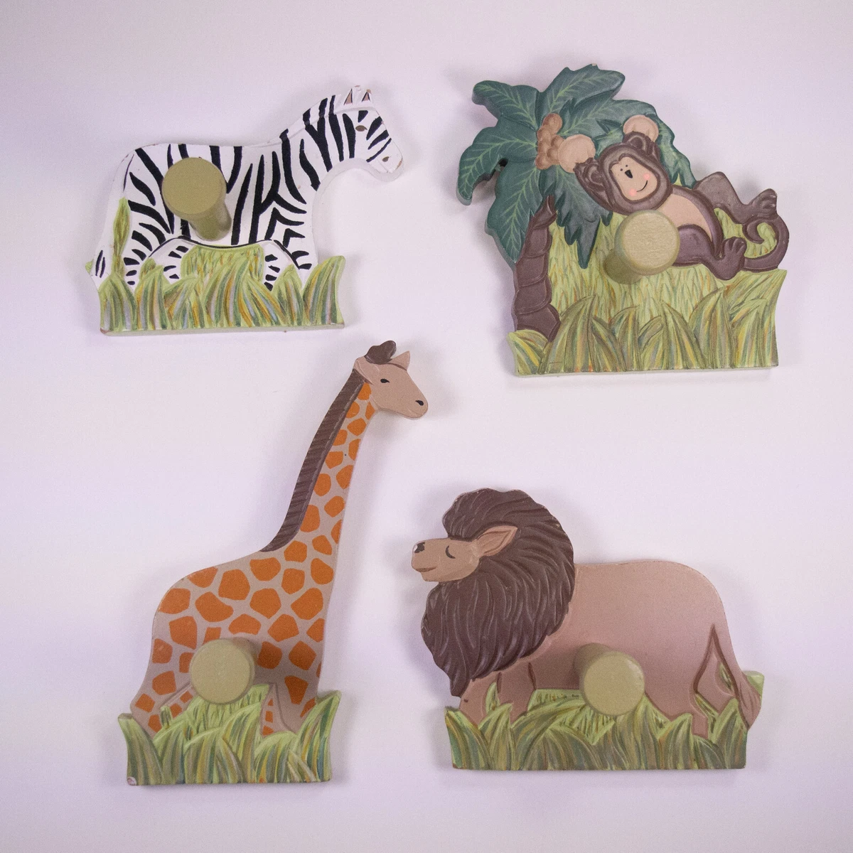 4 Safari Animal Wooden Coat Hooks Set Children s Decor