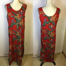 Paradise Found Hawaii Maxi Dress Size L Womans Red Parot Vintage 80s Sleeveless