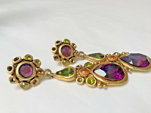Vintage Heidi Daus Amethyst Peridot Citrine Rhinestone Baroque Earrings Clip-on - Picture 4 of 8