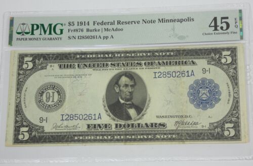 Series 1914 Lrg Sz Blue Seal $5 FRN 9-I Minneapolis PMG 45 Ch Ex Fine EPQ Fr#876 - Picture 3 of 4
