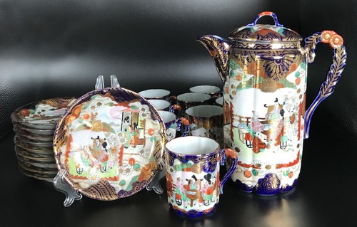 Japanese Kutani Eggshell Porcelain Tea Set, Hand Painted, Cobalt Nippon, 22 pcs - Picture 2 of 20