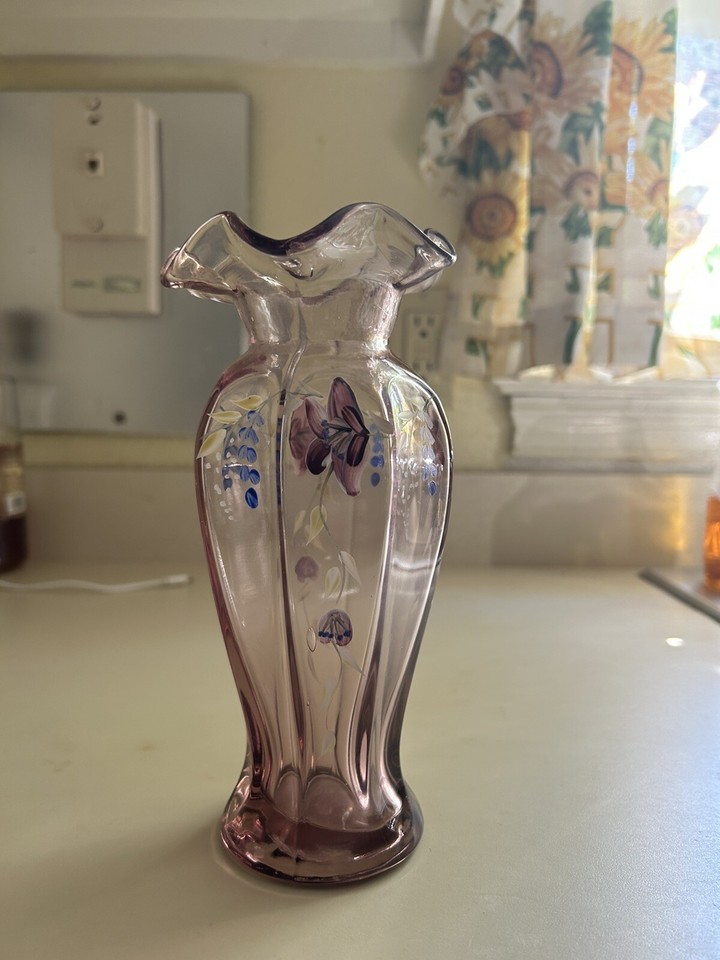 Fenton Purple Iridescent Hand Painted Flower Glass Vase. eBay