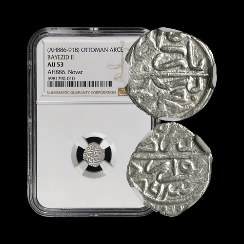 OTTOMAN. 1481, Akce, Silver - NGC AU53 - Bayezid II, Novar, Serbia 010
