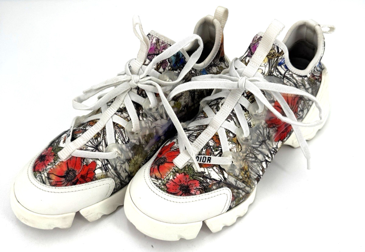 Dior D Connect Mille Fleurs White Red Floral Lace Up Flat Trainer Sneaker 39.5 thumbnail 2