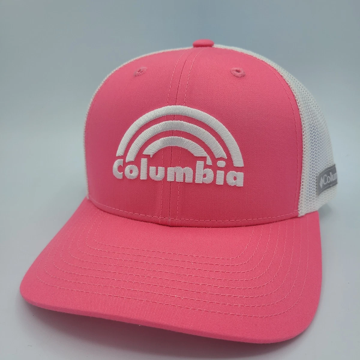 Columbia Hat Fishing Gear Snapback Cap Pink White Sunshine Rainbow Logo Mesh