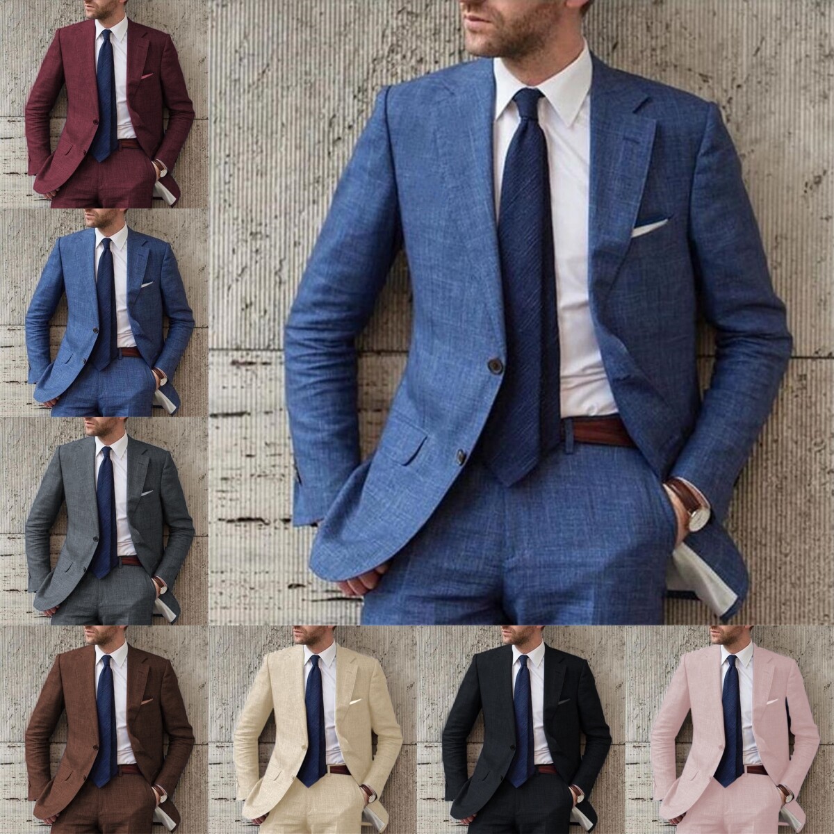 Men 2Pcs Linen Suit Grooms Bestmen Summer Wedding Suits