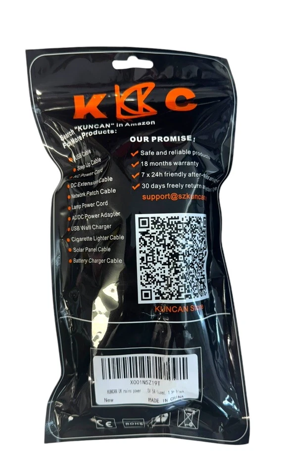 KUNCAN UK Black 1.5M, 5FT 3 Prong Main Power Cord, PC, Laptop, 250V 5A Fused NEW - Image 2 of 4