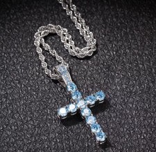 Iced Out Cross Jesus Necklace Silver Blue Rope Chain Hip Hop Jewelry Pendant 