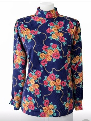 Notations Petite Size 8 Blouse Mock Neck Navy Floral Chain Print VTG 80s 90s