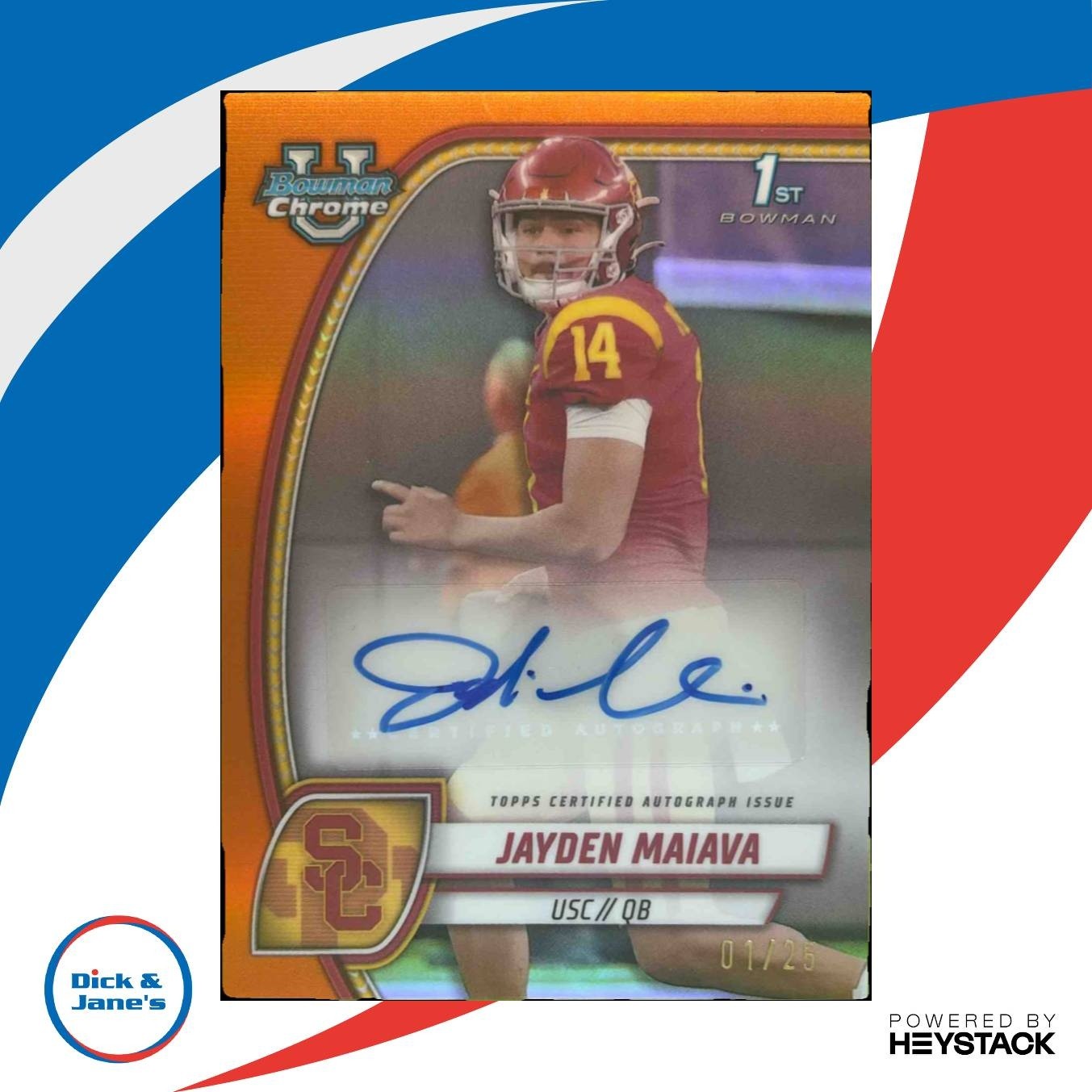 2024 Bowman Chrome University Jayden Maiava Auto Orange 1/25 USC Trojans