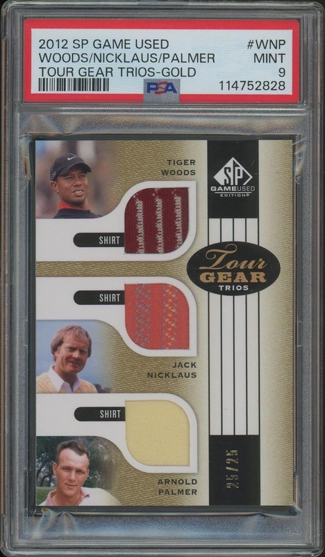 2012 SP Game Used Tiger Woods Jack Nicklaus Arnold Palmer Shirt #25/25 PSA 9