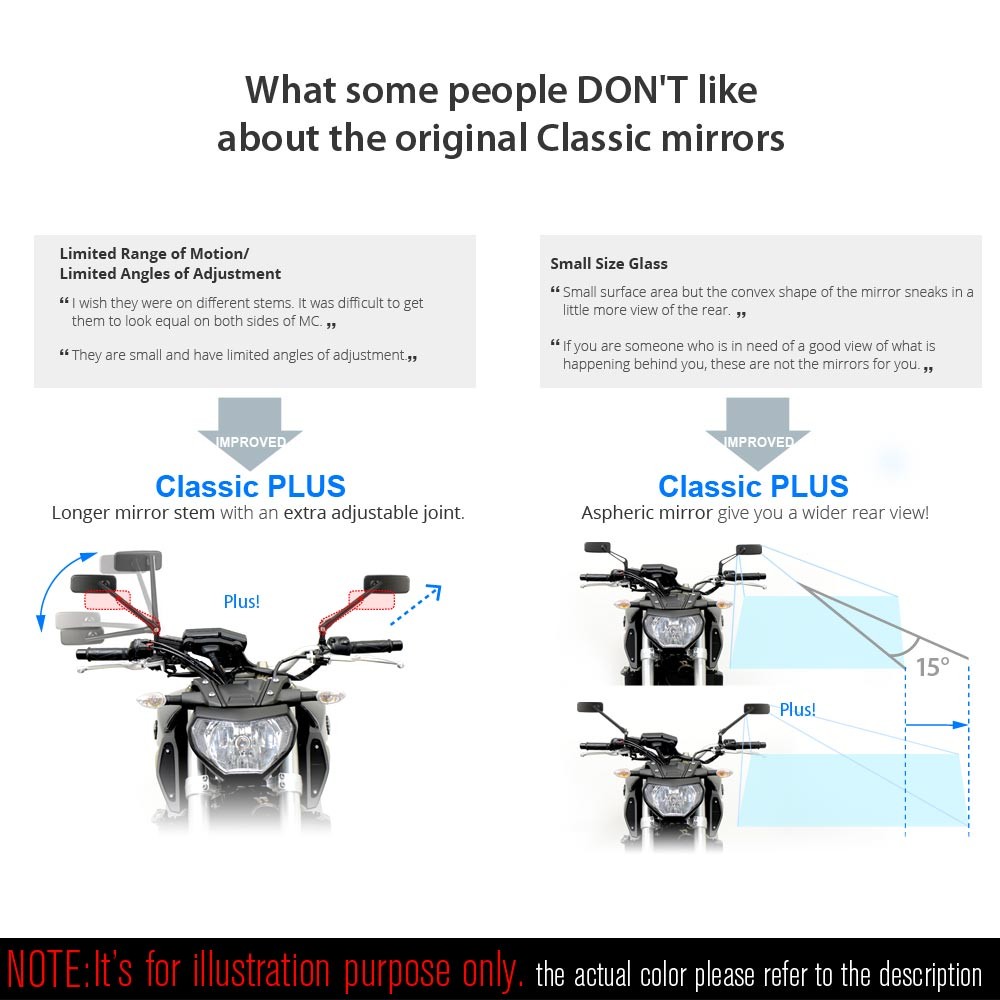 KiWAV chrome mirrors ClassicPlus with clips for 7/8" 22mm handlebars mount