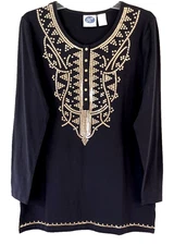 DG2 Diane Gilman Sequin Tunic Shirt Navy Blue Large Long Sleeve Women CB55T