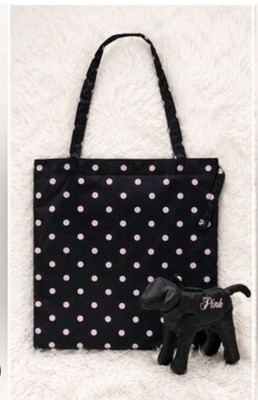 Victoria's Secret RARE PINK Polka Dot Packable Tote Bag w/ Dog Case Black NWT