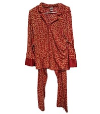 Natori Red Gold 2 Piece Pajama Set Lounge Med LS Silky