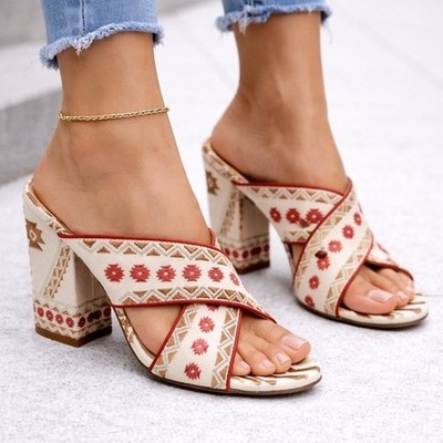 ASH Adel Red Aztec Embroidered Sandals Block Heel Padded Slide Women's Size 8.5