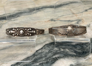 Pair Vintage Fred Harvey Era Sterling Bracelets Thunderbird Silver Arrow