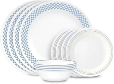 Corelle Blue Checkered 12 piece Dinnerware Plates & Bowls Set Service for 4