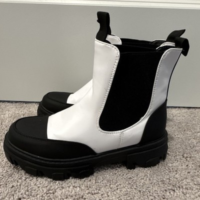 Whimsigoth Women's Chunky Chelsea Boots Black White Leather EU 38 Y2K 