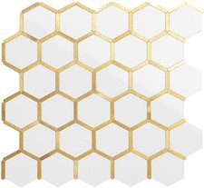 10-Sheet Hexagon Peel and Stick Backsplash Tile, Polished White Tile Look Mix...
