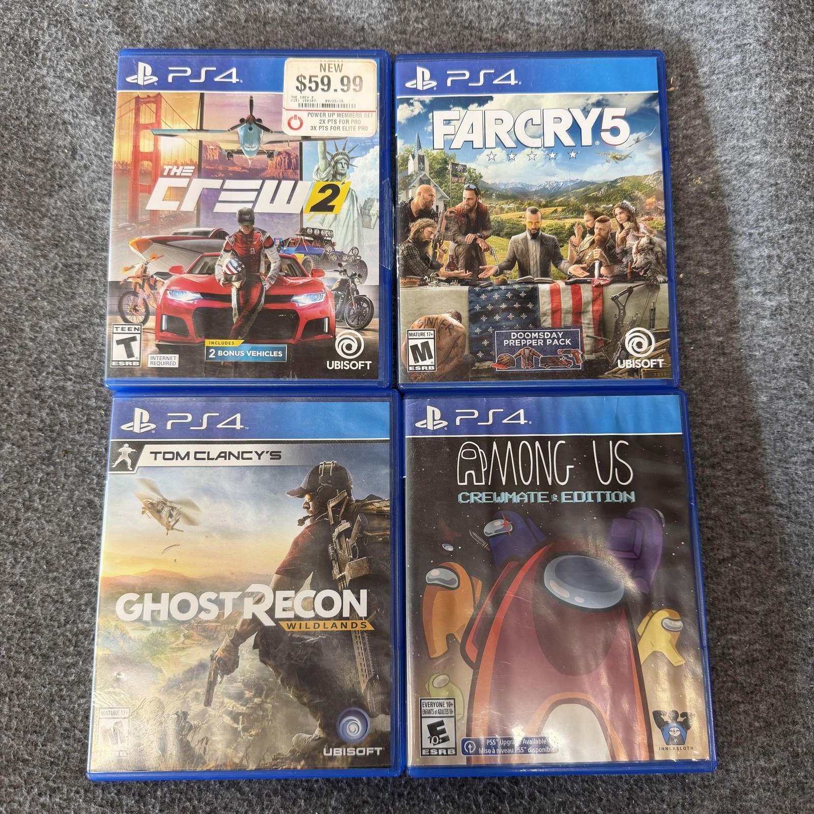 The Crew 2 Far Cry 5 Ghost Recon Wildlands Among Us Sony PS4 Juego Lote 4
