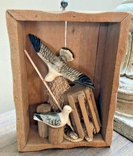 VINTAGE SHADOW BOX w/ Nautical Theme Sea Gulls, Fishing Net- 8" x 6" x 2"