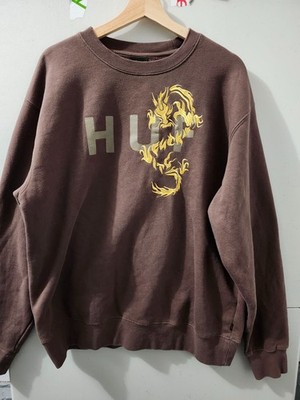 HUF Sweatshirt Mens L BRN Crewneck Pullover Embroider Dragon Spellout Fleece Y2K