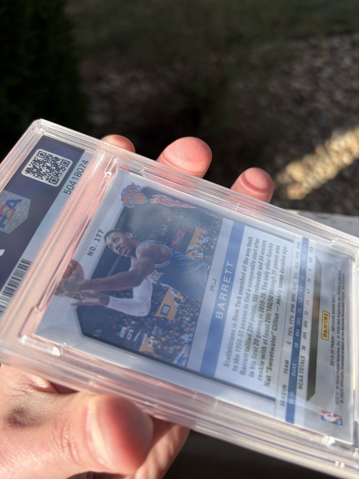 2019-20 Panini Obsidian RJ Barrett Purple Etch /75 Rookie Card PSA 9 Mint view 3