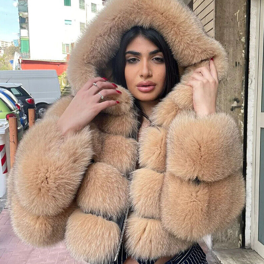 Short Women Fashion Real Fox Fur Coat Winter Hooded Outwear Slim